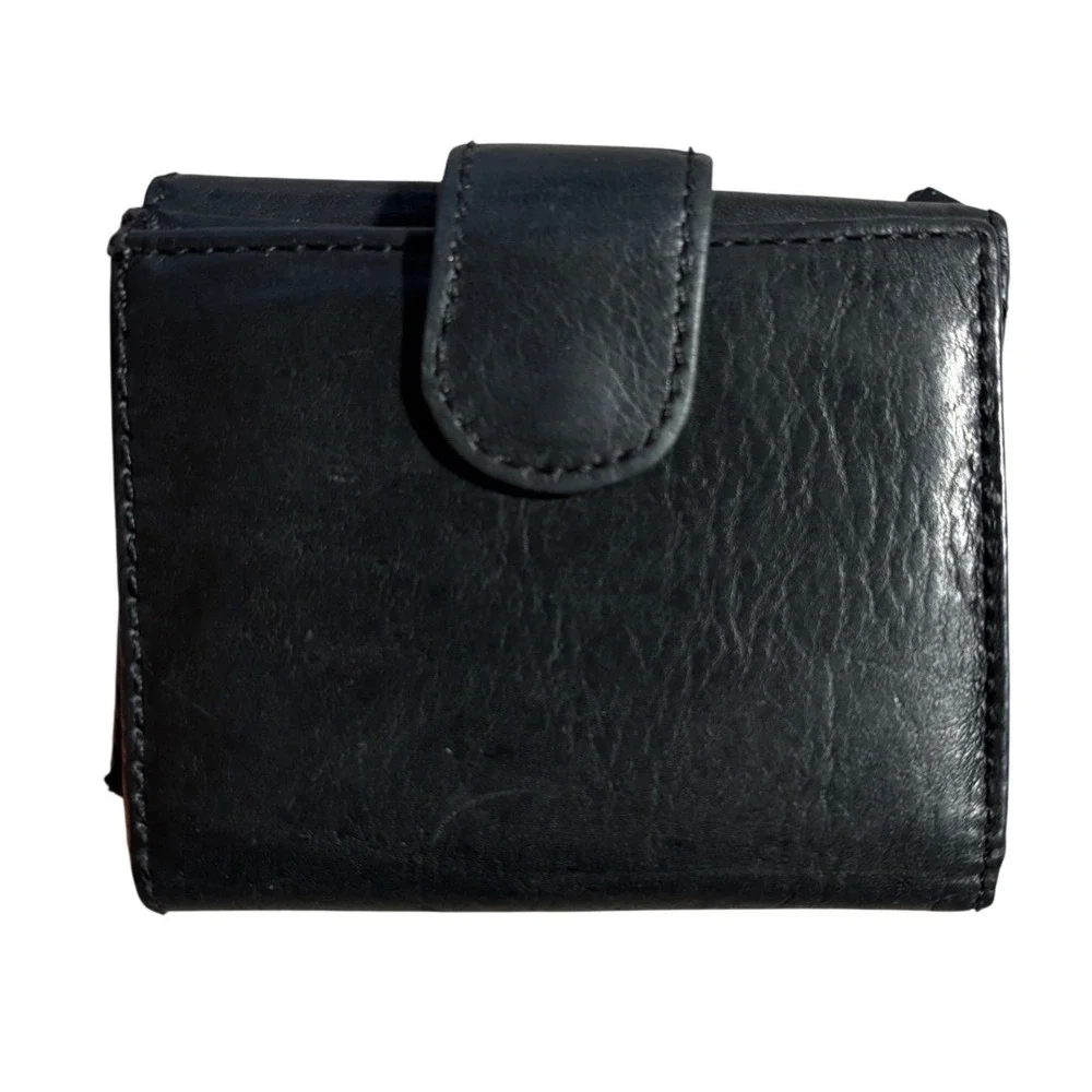 Genuine Black Leather Trifold Wallet Snap Closure Zip Coin Pocket ID Window